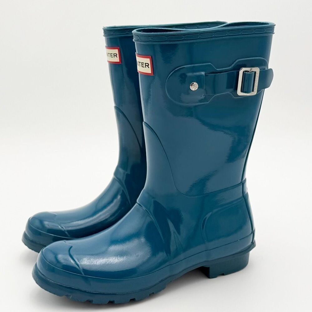 Hunter Glossy Deep Teal Mid Calf Silver Hardware Rubber Boots Galoshes Wellies -
